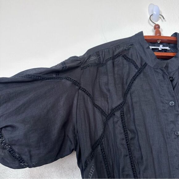 Frame Denim Black Mini Dress with Puff Sleeves and Mandarin Collar - Picture 3 of 11